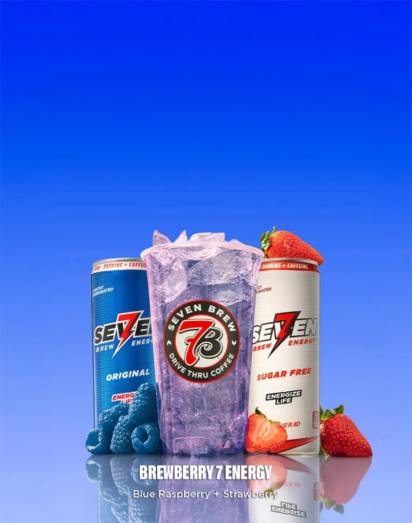 Vibrant purple and blue 7 Brew Dragon's Blood secret menu energy drink with strawberry and raspberry garnish