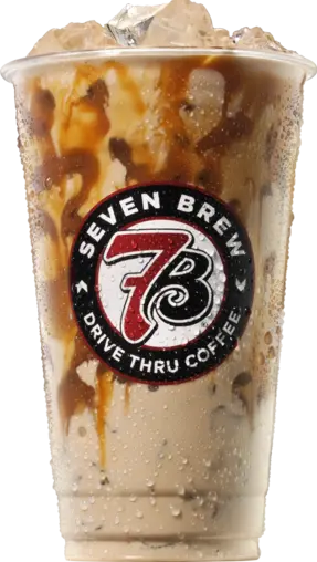 7 Brew Blondie coffee with caramel and vanilla blend, topped with creamy foam in a chilled cup
