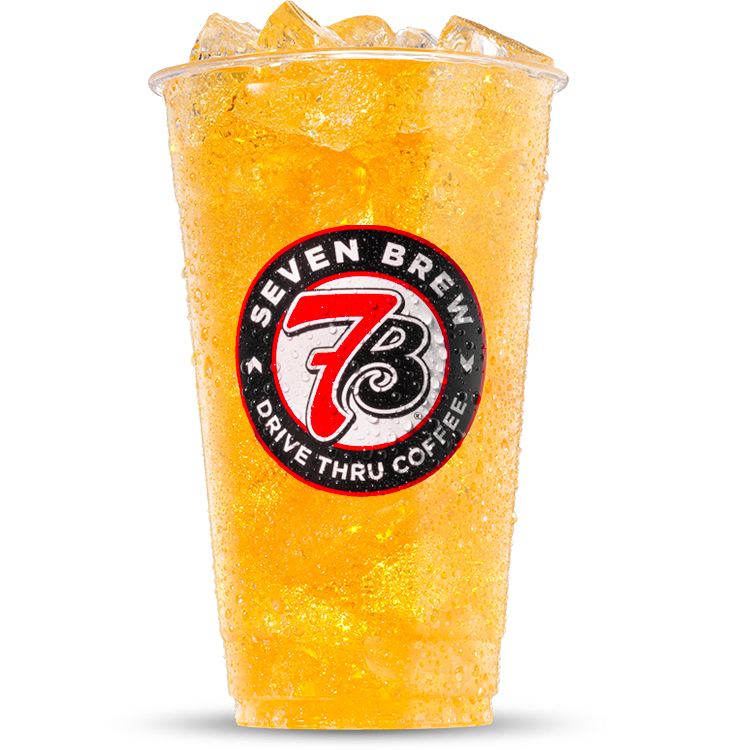 Bright orange 7 Brew Blood Orange secret menu energy with pomegranate and citrus garnish