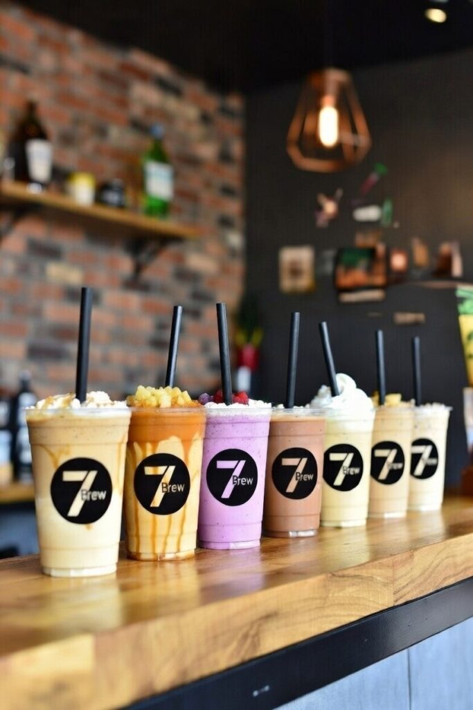 The top 10 most popular 7 Brew drinks lined up, including Blondie, Smooth 7, and Triple 7, with price tags