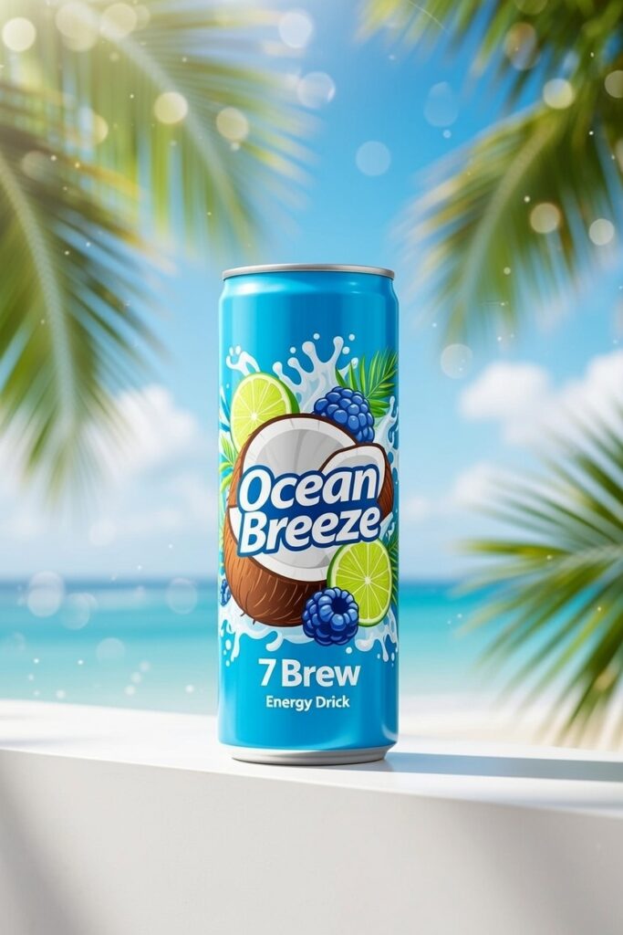 right blue sugar-free 7 Brew Ocean Breeze energy drink with coconut, lime, and blue raspberry flavors