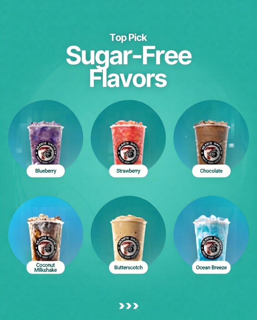 collection of sugar-free 7 Brew drinks, including vanilla latte, blue raspberry energy, and peach fizz with zero sugar