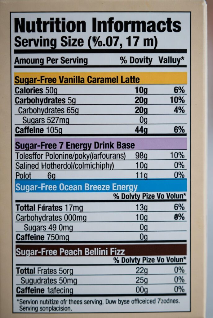 7 Brew Sugar-Free Menu Detailed nutrition label showing calories, carbs, sugar, and caffeine for  drink options
