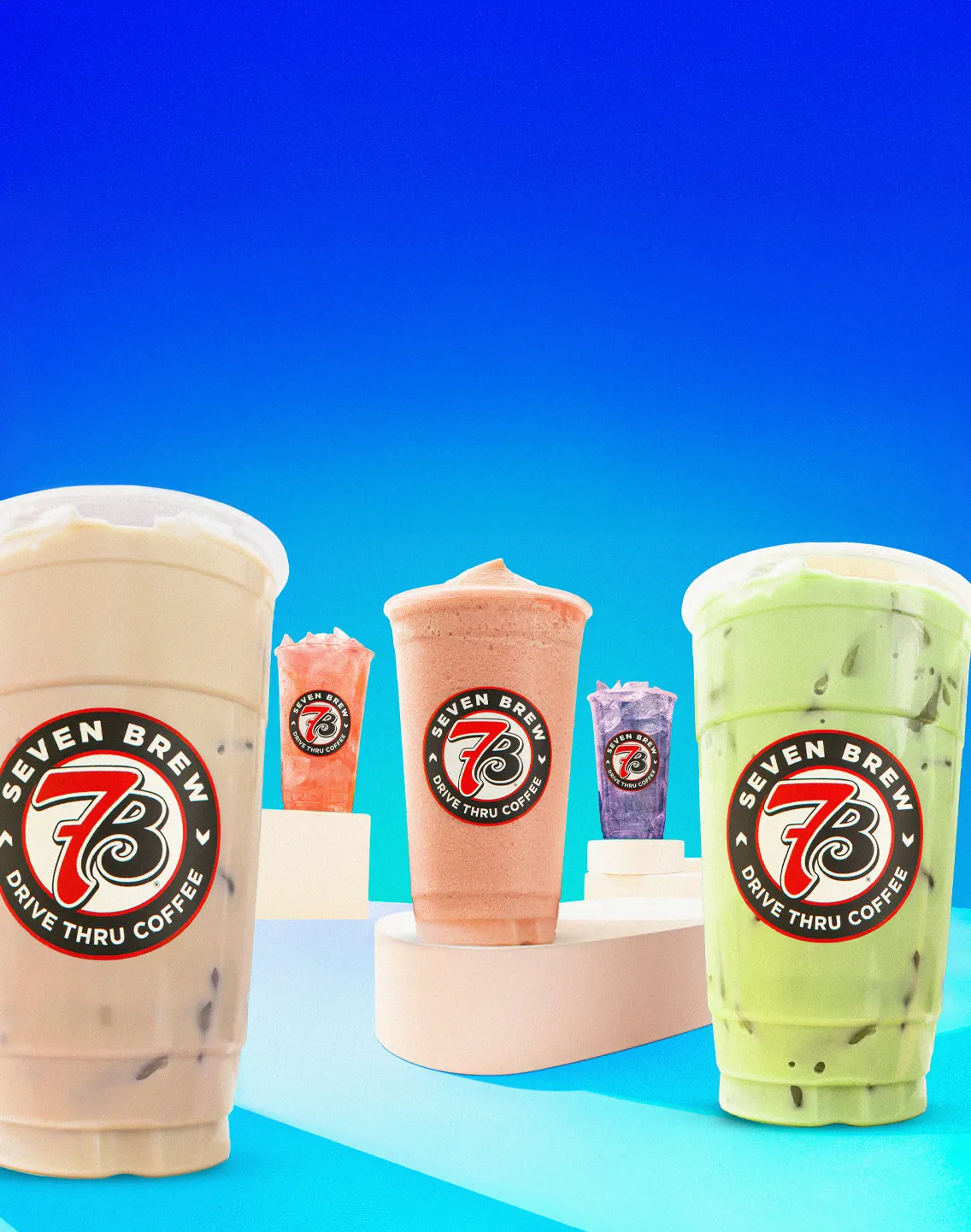 Collection of 7 Brew secret menu drinks featuring Dragon's Blood energy drink, Cinnamon Roll latte, and Pink Mermaid smoothie