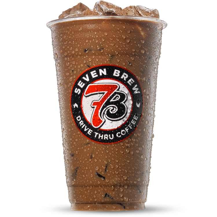 Rich brown 7 Brew Brunette with hazelnut and caramel mocha in branded cup