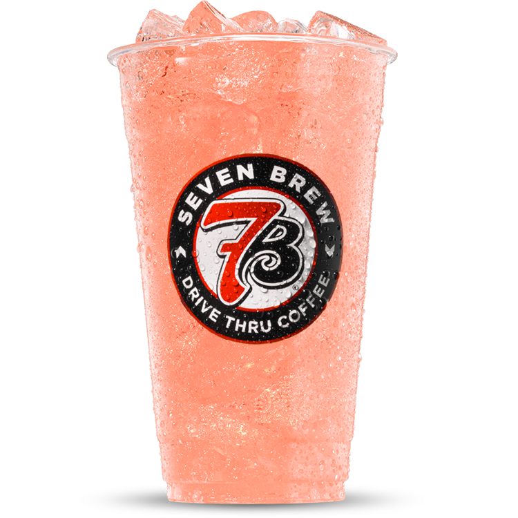 Pink carbonated sugar-free 7 Brew Peach Bellini fizz with peach and raspberry garnish