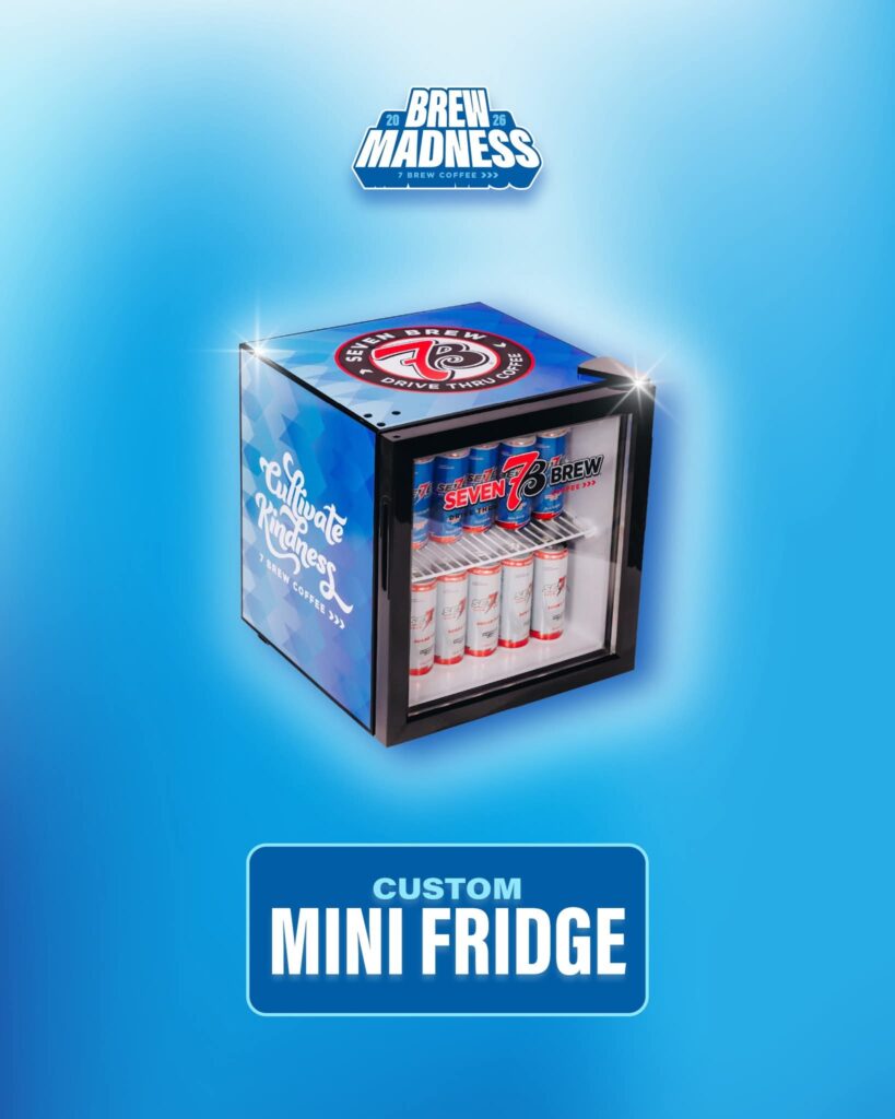 7 Brew branded mini fridge instant win prize stocked with energy drinks for Brew Madness 2026