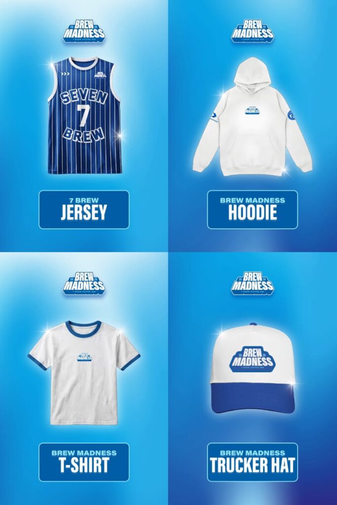 7 Brew Brew Madness 2026 branded apparel collection including jersey hoodie t-shirt and hat instant win merch