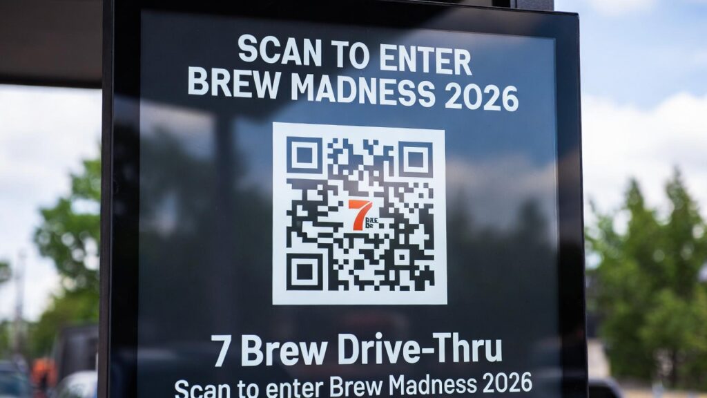 7 Brew drive-thru digital board showing QR code for Brew Madness 2026 scan to enter