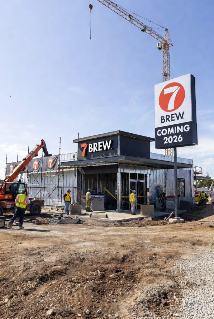 7 Brew's new location opening 2026: construction site with brand signage drive-thru layout